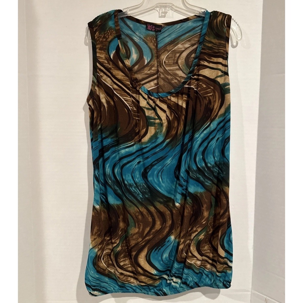 Agenda Patterned Blouse Turquoise And Brown Sleeveless Elastic Waist Size Medium
